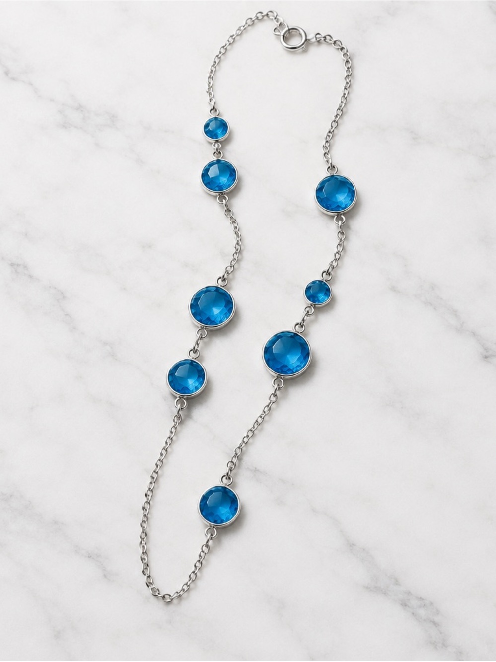 Avon Silver Chain Necklace with Bright Blue Faceted Stones